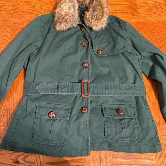 Vintage GAP Faux Fur Collar Belted Utility Style Coat in Green Sz L Y2K Outdoor - Picture 5 of 16